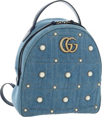Gucci Pearly Gg Marmont Embellished Matelasse Denim Blue Denim_Jeans Backpack Bag (Pre-Owned)