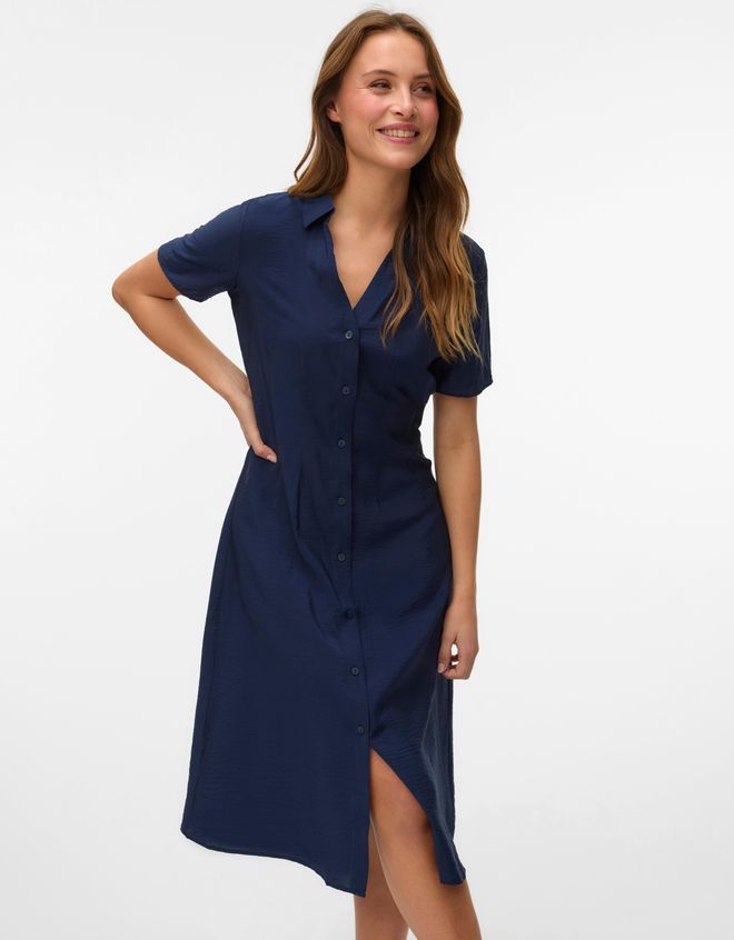 Blusenkleid VERO MODA VMJOSIE S/S CALF SHIRT DRESS WVN GA, Damen, Gr. XS, N-Gr, navy blazer, Web, Obermaterial: 83% Viskose, 17% Nylon, unifarben, reg