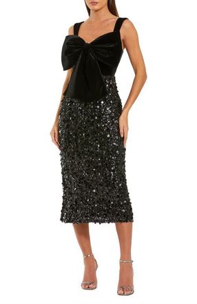 Mac Duggal Sleeveless Sequin Midi Dress With Velvet Bow in Black at Nordstrom, Size 14