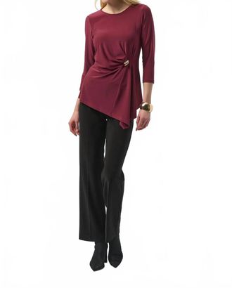 Joseph Ribkoff Scoop Neck 3/4 Sleeves Asymmetrical Top In Merlot