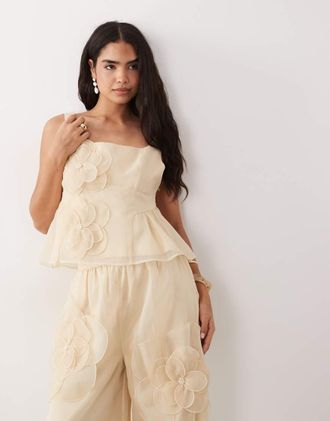 Asos Crop top peplo color albicocca con fiori in coordinato-Arancione