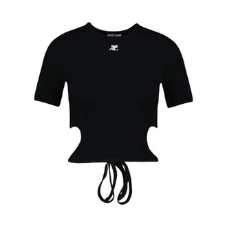Courr&egrave;ges T-Shirts, female, Black, Size: L Ribbon Cut Out Contrast T-Shirt