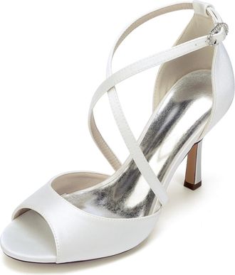 Generic Wedding Shoes Women Stain Peep Toe High Heels Sandals Wedding Evening Dress Shoes Bridal Stiletto High Heels 9.5Cm,Ivory,10 UK