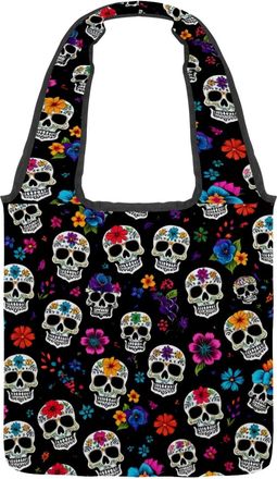 Generic Sugar Skulls Floral Reversible Canvas Shoulder Tote - Double-Sided Print, 12oz Cotton, 27cm Drop, Fold-Flat Bag for Travel, Shopping, Street Outings
