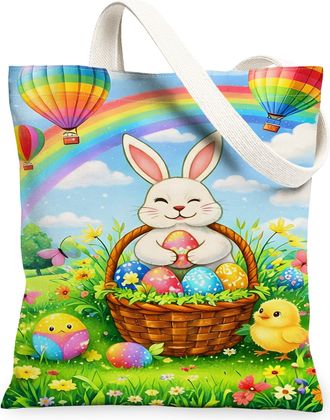 Generic Easter Rabbit Canvas Tote Bags, Colorful Floral Pattern Reusable Grocery Bags, Spring Lightweight Washable Shoulder Strap C, Multicolor, 13x15 Inch