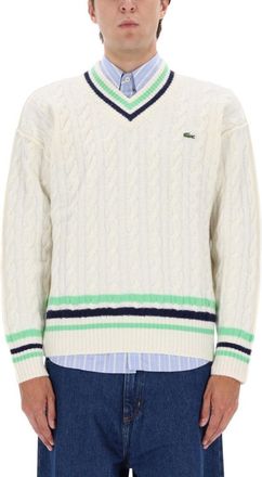 Lacoste Textured Cable Knit Sweater With Contrasting Stripes