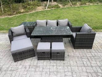 Fimous 8 Seater Wicker PE Rattan Garden Furniture Sofa Set Outdoor Adjustable Rising Lifting Dining Table Set in Dark Grey