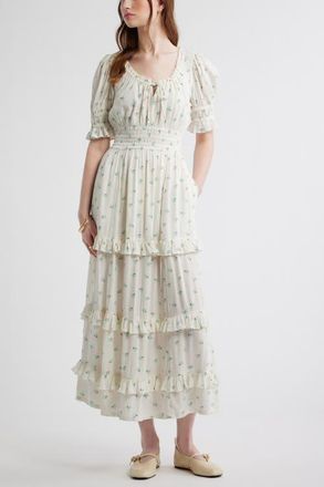 Treasure & Bond Smock Waist Ruffle Trim Tiered Maxi Dress in Ivory- Blue Garden Ditsy at Nordstrom, Size Xx-Small