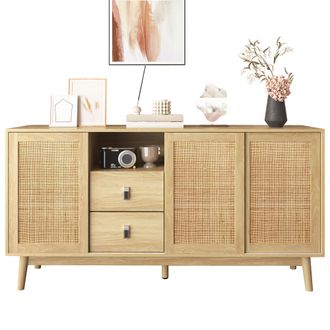 STILVORA Aparador Con 3 Puertas Correderas De Rat&aacute;n, 2 Cajones, Patas De Madera Maciza, Estilo Natural, En Mdf, 155&times;38&times;80 Cm, Madera