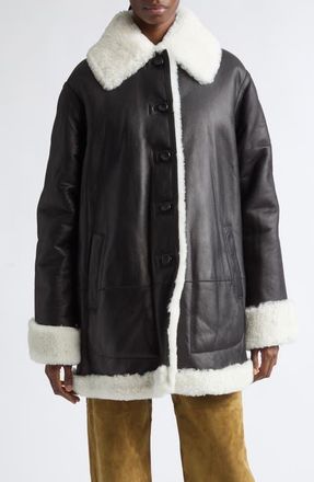 Altuzarra Blake Genuine Shearling Trim Leather Coat in Black White at Nordstrom, Size 40