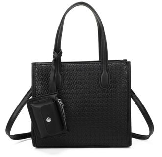 Generic Womens Tote Bag, Textured Weave Pattern, Shoulder Bag with Crossbody Strap, Small Pouch Attachment (BLACK)
