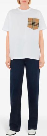 Burberry Womens Cotton T-shirt With Check Pocket - White - Size X-Small