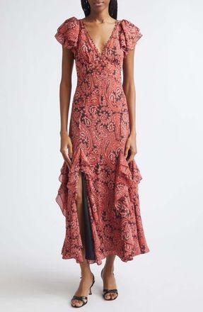 Cinq &agrave; Sept Joplin Hendrix Paisley Ruffle Detail Dress in Obsidian/jasper Pink at Nordstrom, Size 12