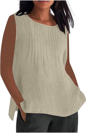 Generic Linen Tops Women UK Plus Size,Ladies Oversized Cotton Linen Vest Tops Crewneck Plain Sleeveless Tshirts Loose Gym Pleated Camisoles Blouses Summer Cam