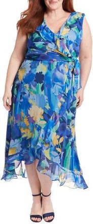 London Times Floral Ruffle Sleeveless Faux Wrap Maxi Dress in Blue Multi at Nordstrom Rack, Size 24W
