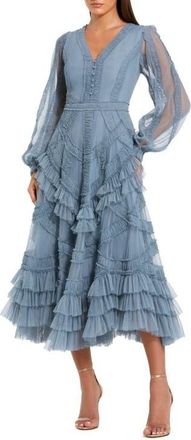 Mac Duggal Petite Long Sleeve V Neck Mesh Micro Ruffle Midi Dress in Slate Blue at Nordstrom, Size 10