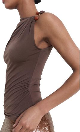 Mango Jewel Detail Ruched Sleeveless Top in Light/Pastel Brown at Nordstrom, Size X-Small