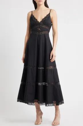 LoveShackFancy Catryn Lace Inset Cotton Slipdress in Black at Nordstrom, Size 00