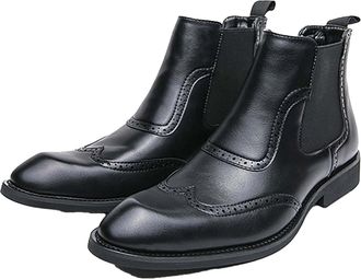 Generic Mens Breathable PU Leather Chelsea Boots Slip-On Elastic Ankle Dress Boots Non-Slip Block Heel Short Shoes for Autumn Winter Business Wear,Black,7.5 U