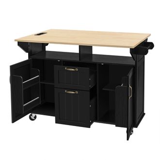 STILVORA Carro De Cocina Con 2 Puertas, 2 Cajones, Huecos Abiertos, Mesa Abatible, Enchufes Y Toallero, En Mdf, 120 X 40-60-80 X 92 Cm, Negro Y Natural