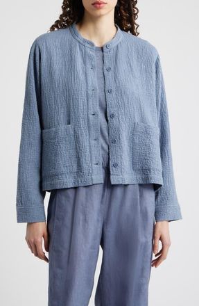 Eileen Fisher Mandarin Textured Stretch Organic Cotton Shirt Jacket in Haze at Nordstrom, Size Xx-Small