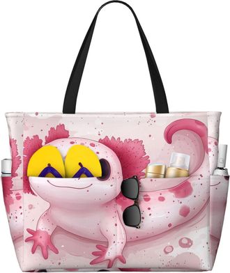 Generic Cute Axolotl Print Large Beach Bag Foldable Travel Shoulder Tote Bag With Pocket For Weekender Pool Vacation