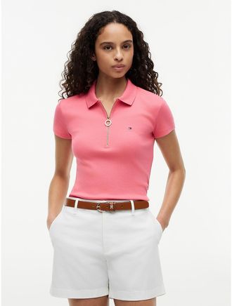 Tommy Hilfiger Womens Slim Fit Zip Polo - Pink - XXL