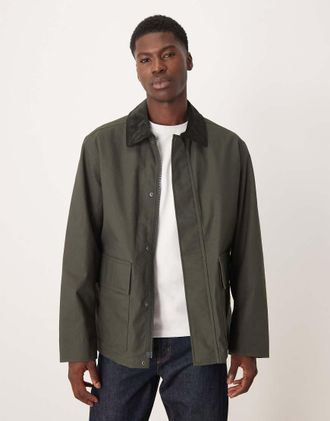 Arket Giacca in cotone cerato kaki scuro con colletto in velluto a coste a contrasto-Verde