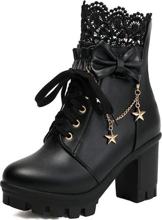 Generic Womens Platform Round Toe Elegant Lace Ankle Combat Boots Sweet Cute Bow Lolita Shoes with Back Zipper (Black,5.5)