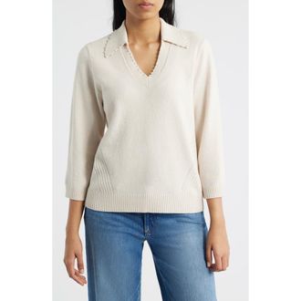 Wit & Wisdom Bead Trim Sweater in Winter Pearl at Nordstrom, Size X-Large