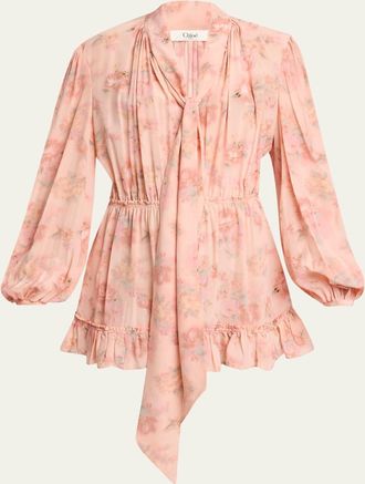Chlo&eacute; Long-Sleeve Bouquet Print Silk Dress