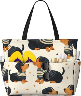 Generic Cute Dachshund Print Large Beach Bag Foldable Travel Shoulder Tote Bag With Pocket For Weekender Pool Vacation