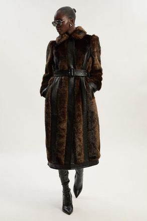 Karen Millen Petite Faux Fur Belted Midi Coat in Chocolate at Nordstrom, Size 10P