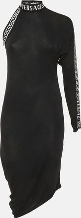 Versace Black Logo Band Jersey One Shoulder Midi Dress