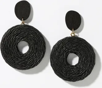 Simons Womens Round wood and raffia earrings