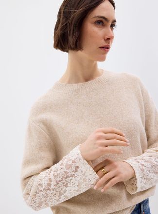 Contemporaine Womens Floral lace sleeves fuzzy sweater