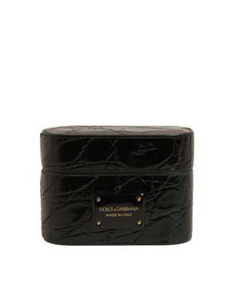 Dolce & Gabbana Black Leather Metal Logo Plaque Holder Airpods Case Caiman Accessory