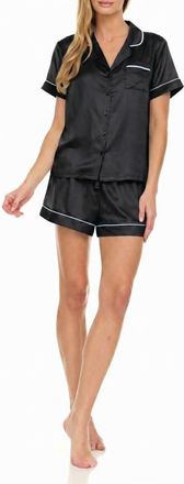 Flora Nikrooz Satin Short Pajamas with Faux Pearl Trim in Black at Nordstrom, Size X-Small