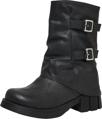 Generic Womens Retro Cowgirl Boots Mid Calf Round Toe Med Block Heel Slip On With A Classic Western Style Buckle