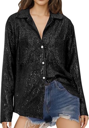 Generic Sequin Tops for Women UK Sparkly Long Sleeve Lapel Shiny Loose Fit Shirts Fashion Glitter Button Evening Party Blouses Plus Size Peplum Party top Blac