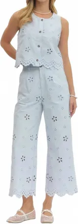 Entro Fleur Eyelet Embroidered Vest & Pant Set In Light Blue