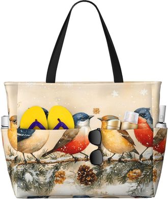 Generic Winter Birds Print Large Beach Bag Foldable Travel Shoulder Tote Bag With Pocket For Weekender Pool Vacation