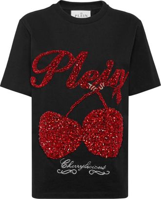 Philipp Plein Tops, Dames, Zwart, S, Katoen, T-Shirt Fit Cherries
