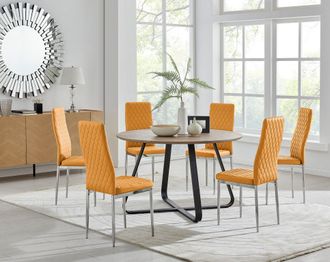 Furniturebox Santorini Brown Wood Effect Dining Table & 6 Milan Chrome Leg Chairs in Mustard