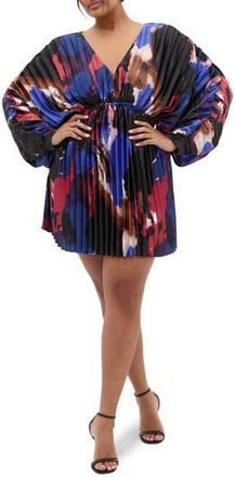 City Chic Chloe Print Pleated Long Sleeve Satin Minidress in Fade at Nordstrom Rack, Size Xxl/24W