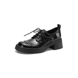 Generic Womens Thick Platform Oxfords Cap Toe Lace-Up Block Heel Smooth Upper Adjustable Laces Pull Tab Stitched Detail Comfortable Durable Shoes,Black,5.5 UK
