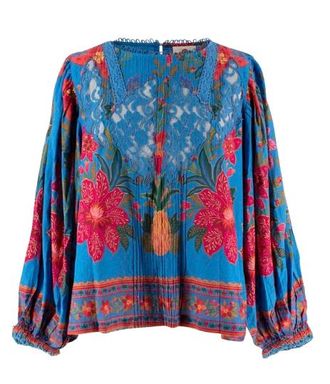 Farm Rio Blue Printed Lace Detail Blouse Size XS