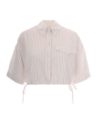 Patrizia Pepe Cropped White Stripe Shirt with Fly Patch Detail