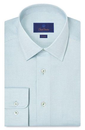 David Donahue Trim Fit Micro Print Cotton Dobby Dress Shirt in Seafoam at Nordstrom, Size 18.5 - 34