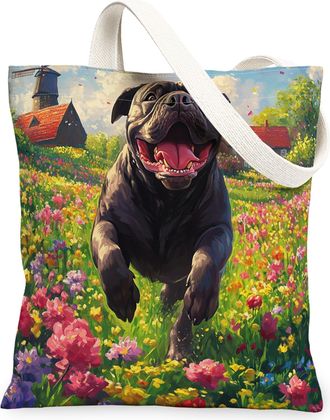 Generic Spring Mastiff Dog Canvas Tote Bag for Shopping 13x15, Country Garden Puppy Reusable Grocery Print Pattern Bag for Women, Fun Flower Pet Beach Aesthet